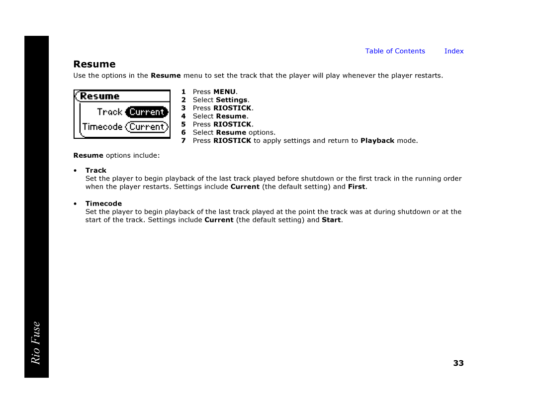 Rio Audio Rio Fuse manual Resume, Track, Timecode 