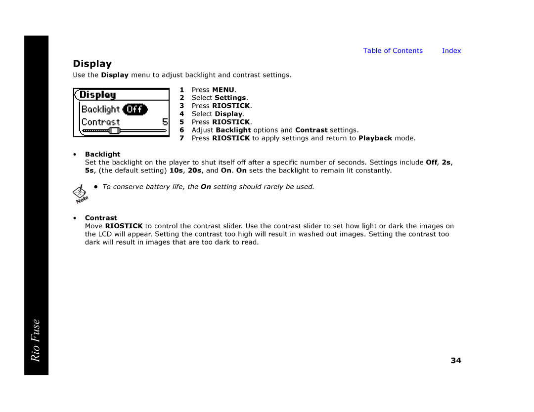 Rio Audio Rio Fuse manual Display, Backlight, Contrast 