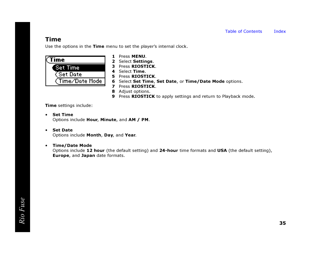 Rio Audio Rio Fuse manual Set Time, Set Date, Time/Date Mode 