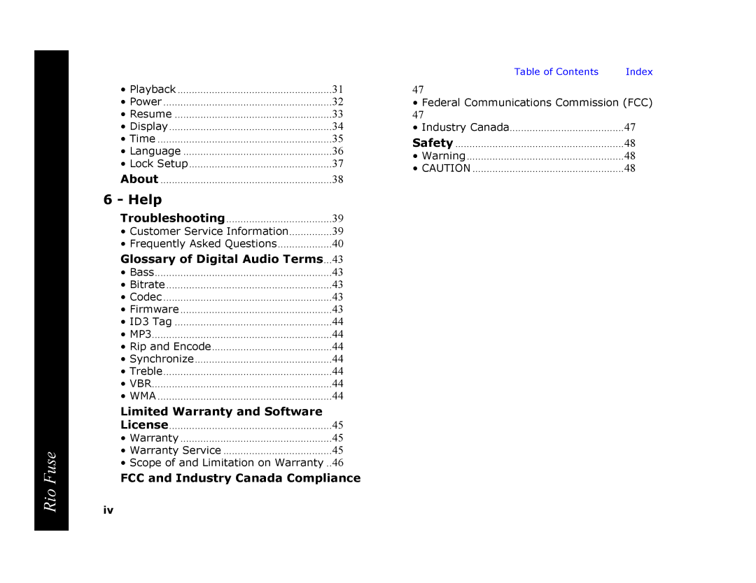 Rio Audio Rio Fuse manual Help, Glossary of Digital Audio Terms, Limited Warranty and Software 