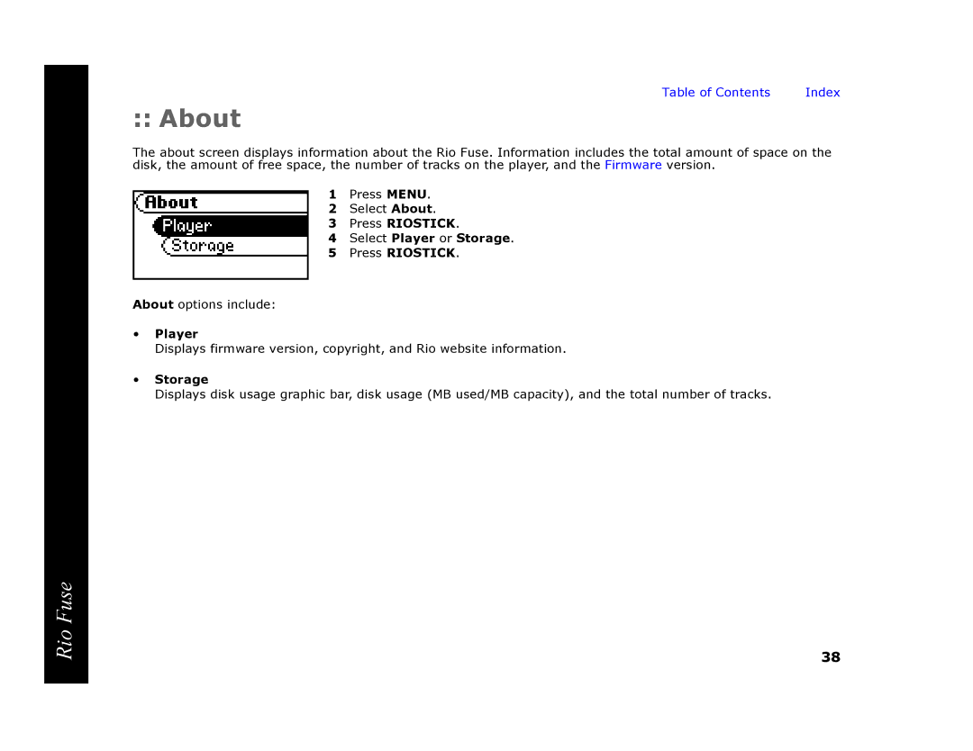 Rio Audio Rio Fuse manual About, Press Riostick Select Player or Storage 
