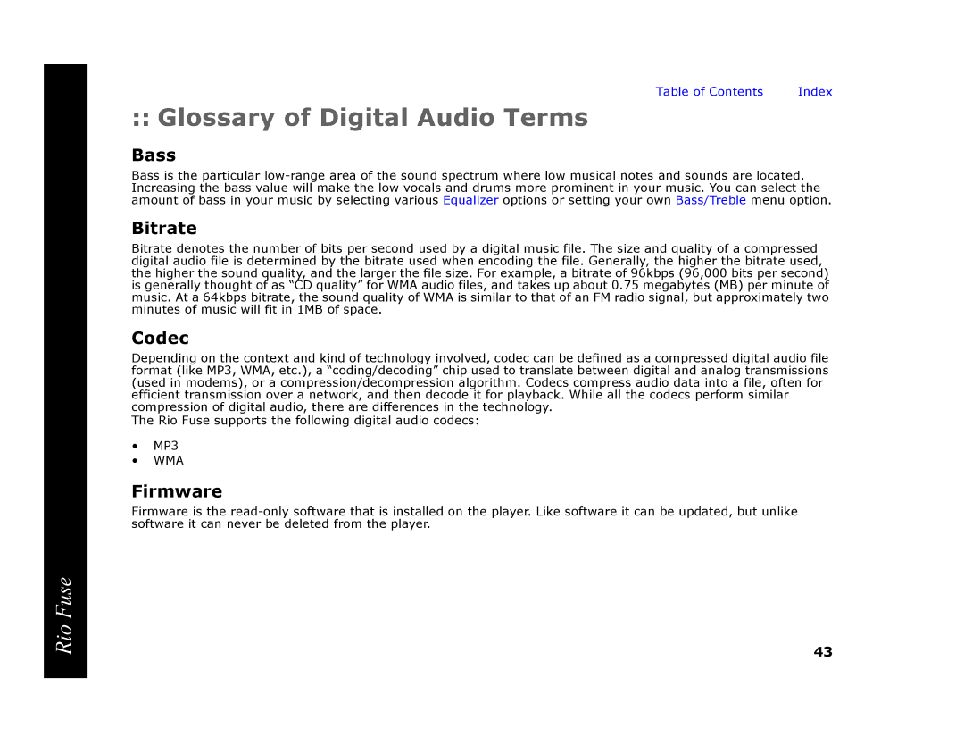 Rio Audio Rio Fuse manual Glossary of Digital Audio Terms, Bass, Bitrate, Codec, Firmware 