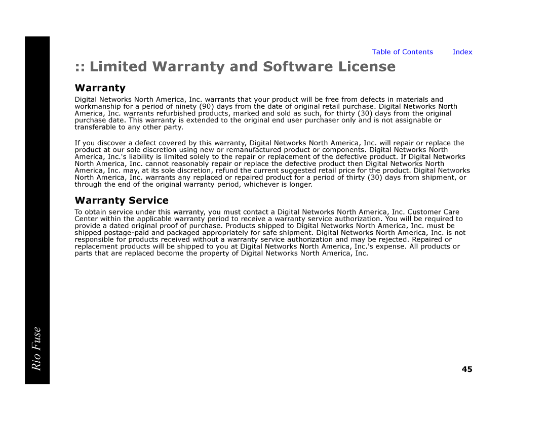 Rio Audio Rio Fuse manual Limited Warranty and Software License, Warranty Service 