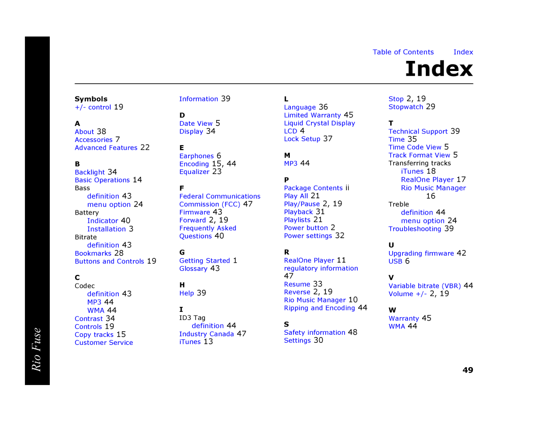 Rio Audio Rio Fuse manual Index, Symbols 