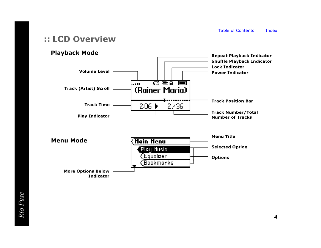Rio Audio Rio Fuse LCD Overview, Playback Mode, Menu Mode, Volume Level Track Artist Scroll Track Time Play Indicator 