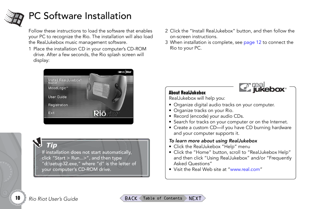 Rio Audio Rio Riot manual PC Software Installation, About RealJukebox, To learn more about using RealJukebox 