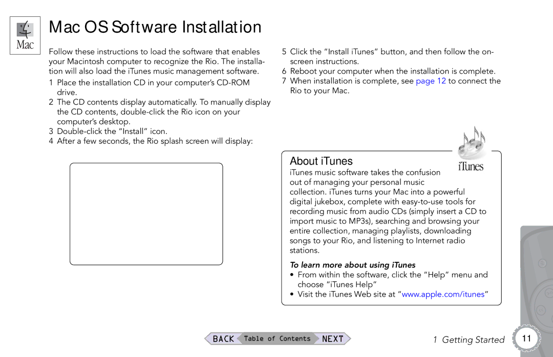 Rio Audio Rio Riot manual Mac OS Software Installation, To learn more about using iTunes 