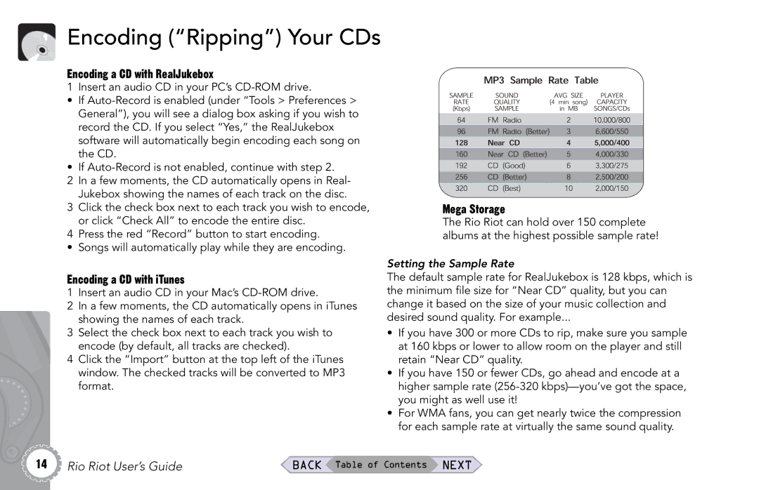 Rio Audio Rio Riot Encoding Ripping Your CDs, Encoding a CD with RealJukebox, Encoding a CD with iTunes, Mega Storage 