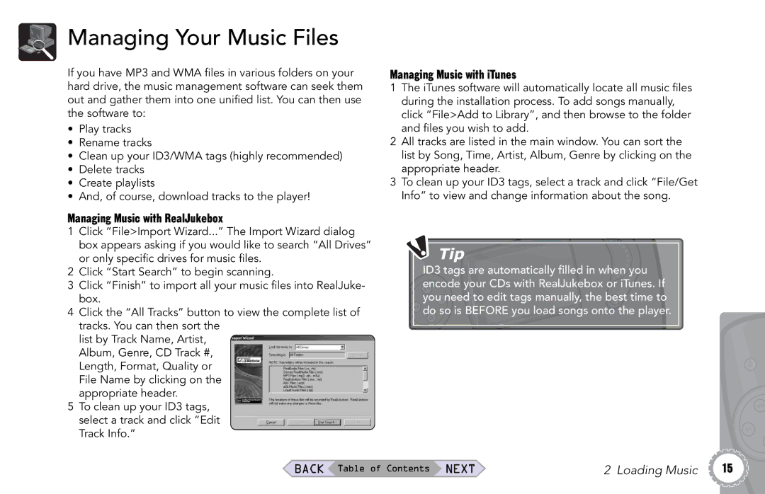 Rio Audio Rio Riot manual Managing Your Music Files, Managing Music with iTunes, Managing Music with RealJukebox 