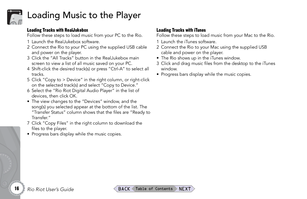 Rio Audio Rio Riot manual Loading Music to the Player, Loading Tracks with RealJukebox, Loading Tracks with iTunes 