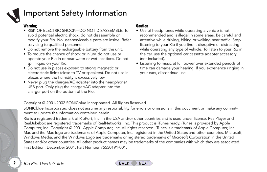 Rio Audio Rio Riot manual Important Safety Information 