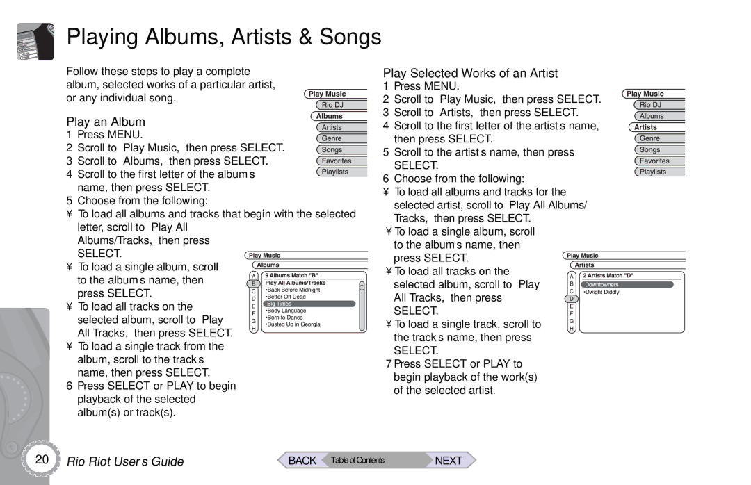 Rio Audio Rio Riot manual Playing Albums, Artists & Songs, Play an Album, Play Selected Works of an Artist 