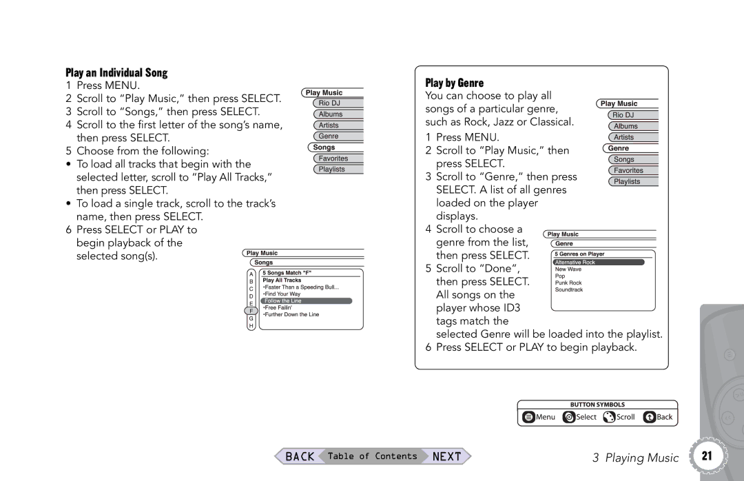 Rio Audio Rio Riot manual Play an Individual Song, Play by Genre 