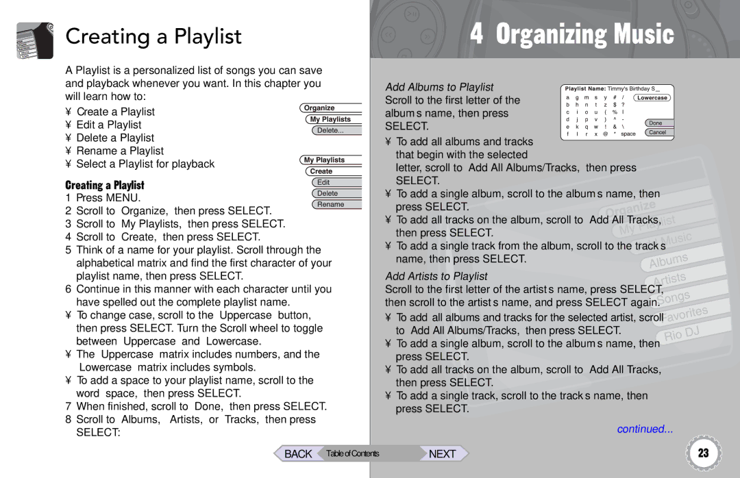 Rio Audio Rio Riot manual Creating a Playlist, Add Albums to Playlist, Add Artists to Playlist 