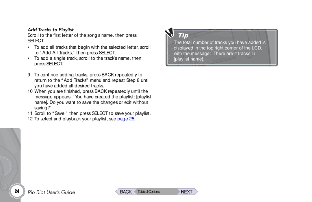 Rio Audio Rio Riot manual Add Tracks to Playlist 