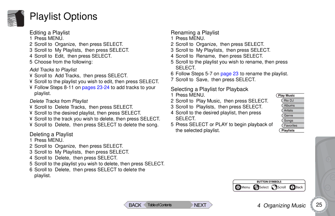 Rio Audio Rio Riot manual Playlist Options, Editing a Playlist, Deleting a Playlist, Renaming a Playlist 