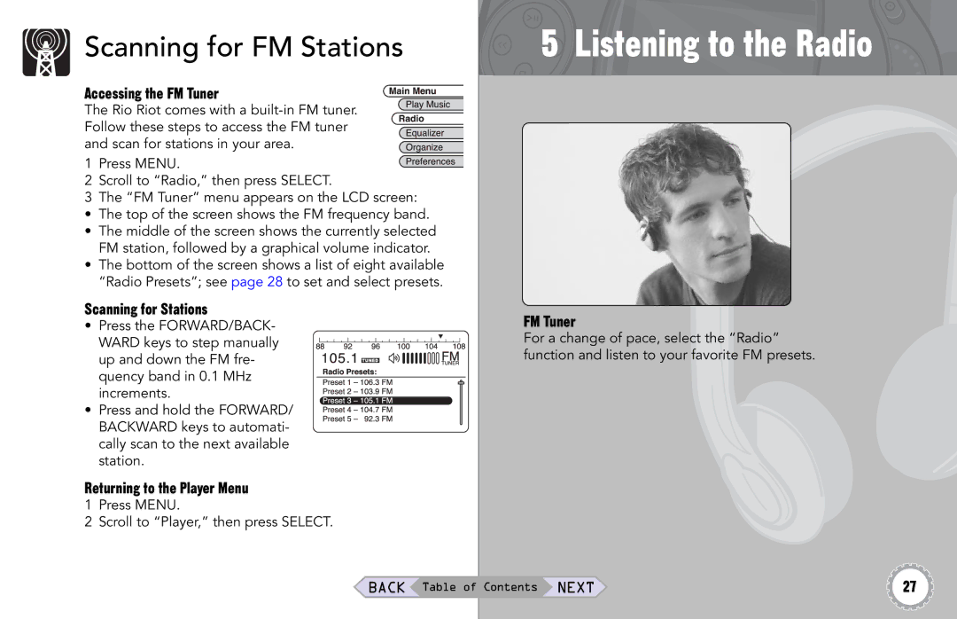 Rio Audio Rio Riot Scanning for FM Stations, Accessing the FM Tuner, Scanning for Stations, Returning to the Player Menu 