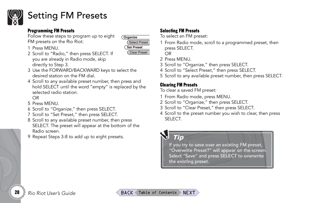 Rio Audio Rio Riot manual Setting FM Presets, Programming FM Presets, Selecting FM Presets, Clearing FM Presets 