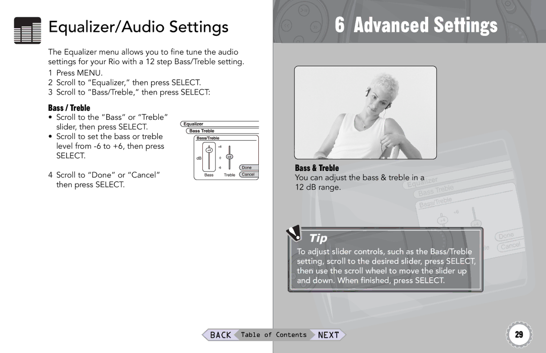 Rio Audio Rio Riot manual Equalizer/Audio Settings, Bass / Treble, Bass & Treble 