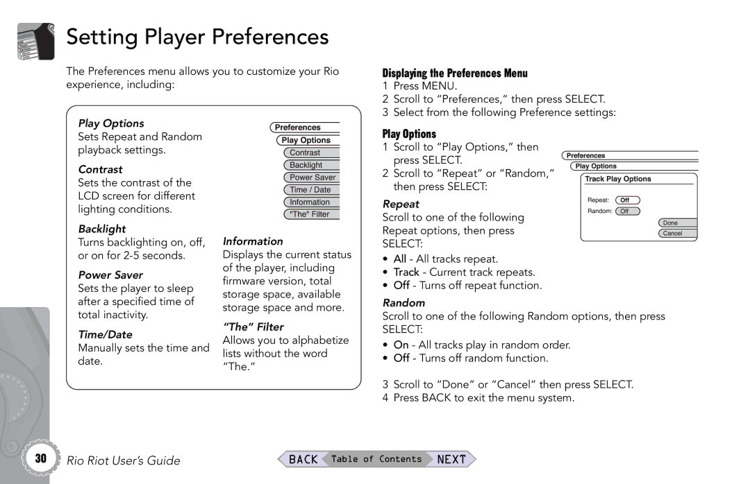 Rio Audio Rio Riot manual Setting Player Preferences, Displaying the Preferences Menu, Play Options 