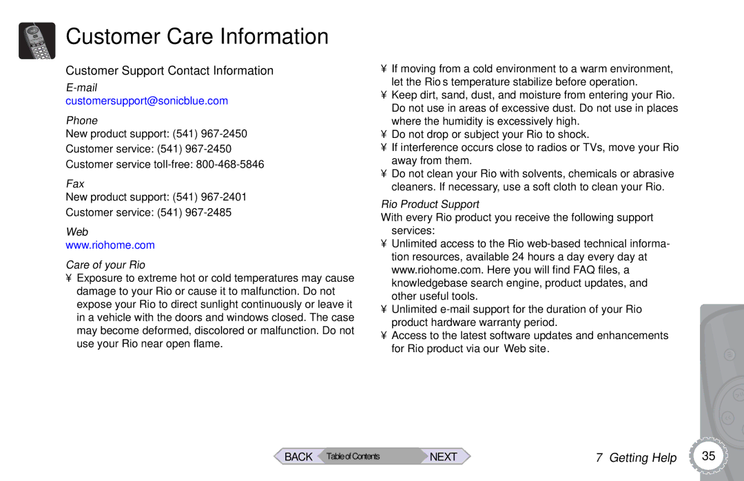 Rio Audio Rio Riot manual Customer Care Information, Customer Support Contact Information 