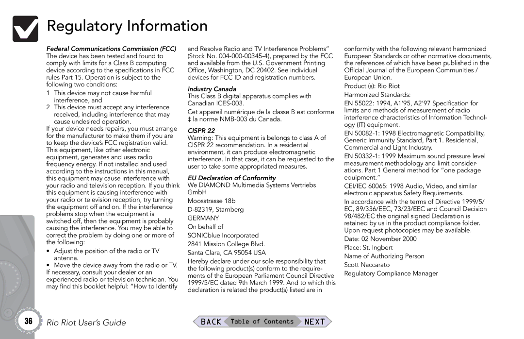 Rio Audio Rio Riot manual Regulatory Information, Cause undesired operation 