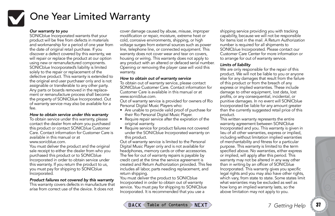 Rio Audio Rio Riot manual One Year Limited Warranty, Our warranty to you 