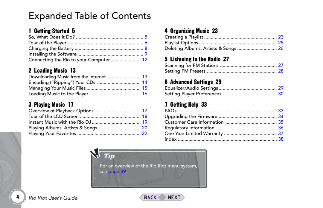 Rio Audio Rio Riot manual Expanded Table of Contents 