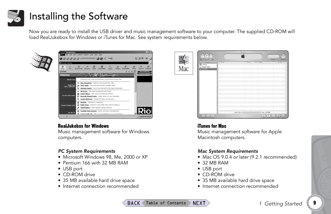 Rio Audio Rio Riot manual Installing the Software, RealJukebox for Windows, PC System Requirements, Mac System Requirements 