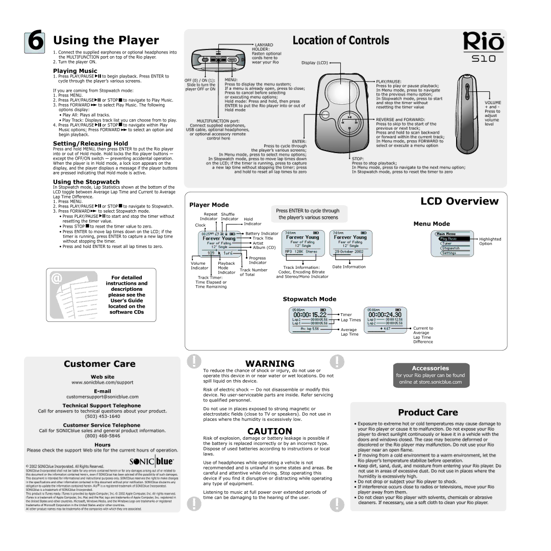 Rio Audio S10 specifications Location of Controls, Customer Care, Product Care 