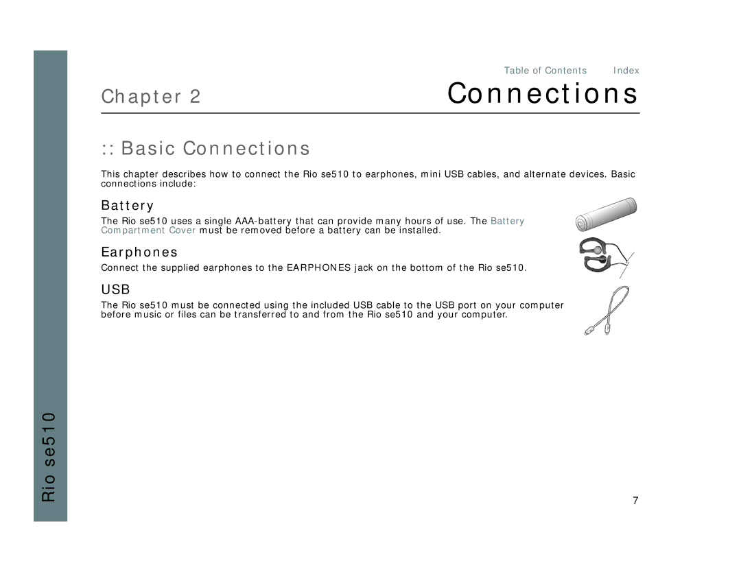 Rio Audio SE510 manual Basic Connections, Battery, Earphones 