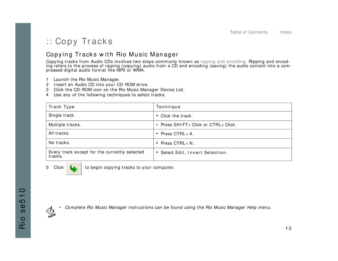 Rio Audio SE510 Copy Tracks, Copying Tracks with Rio Music Manager, Track Type Technique, Select Edit , Invert Selection 