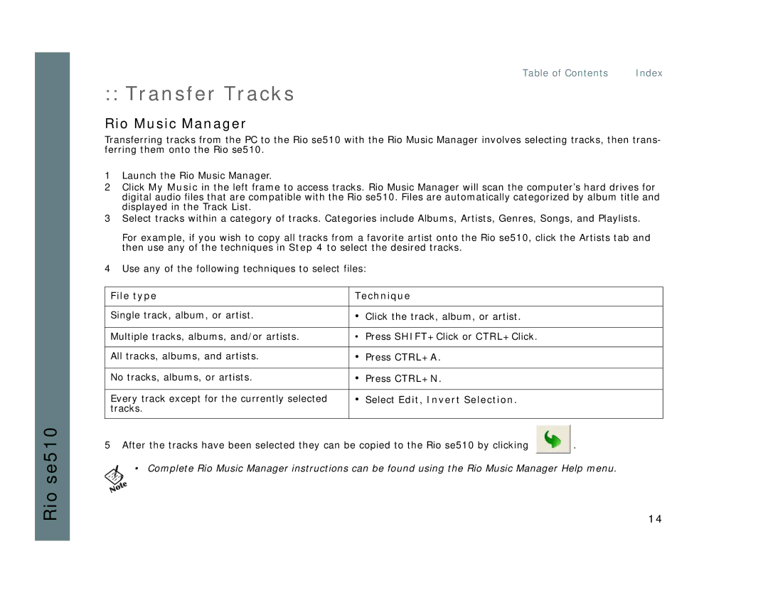 Rio Audio SE510 manual Transfer Tracks, File type Technique 