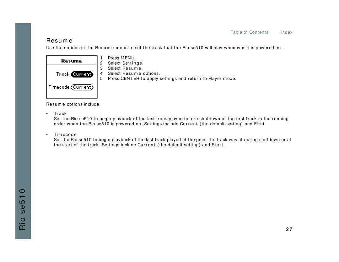 Rio Audio SE510 manual Resume, Timecode 