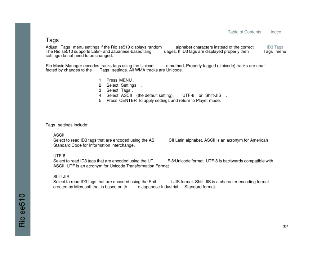 Rio Audio SE510 manual Tags, UTF-8, Shift-JIS 