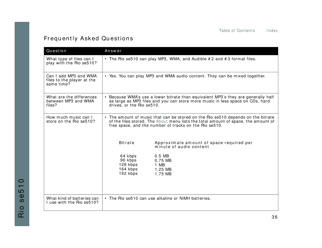 Rio Audio SE510 manual Frequently Asked Questions, Question Answer 