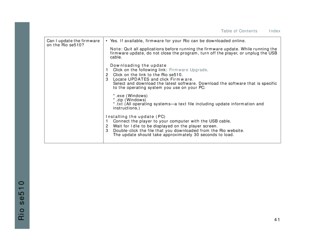 Rio Audio SE510 manual Downloading the update, Installing the update PC 