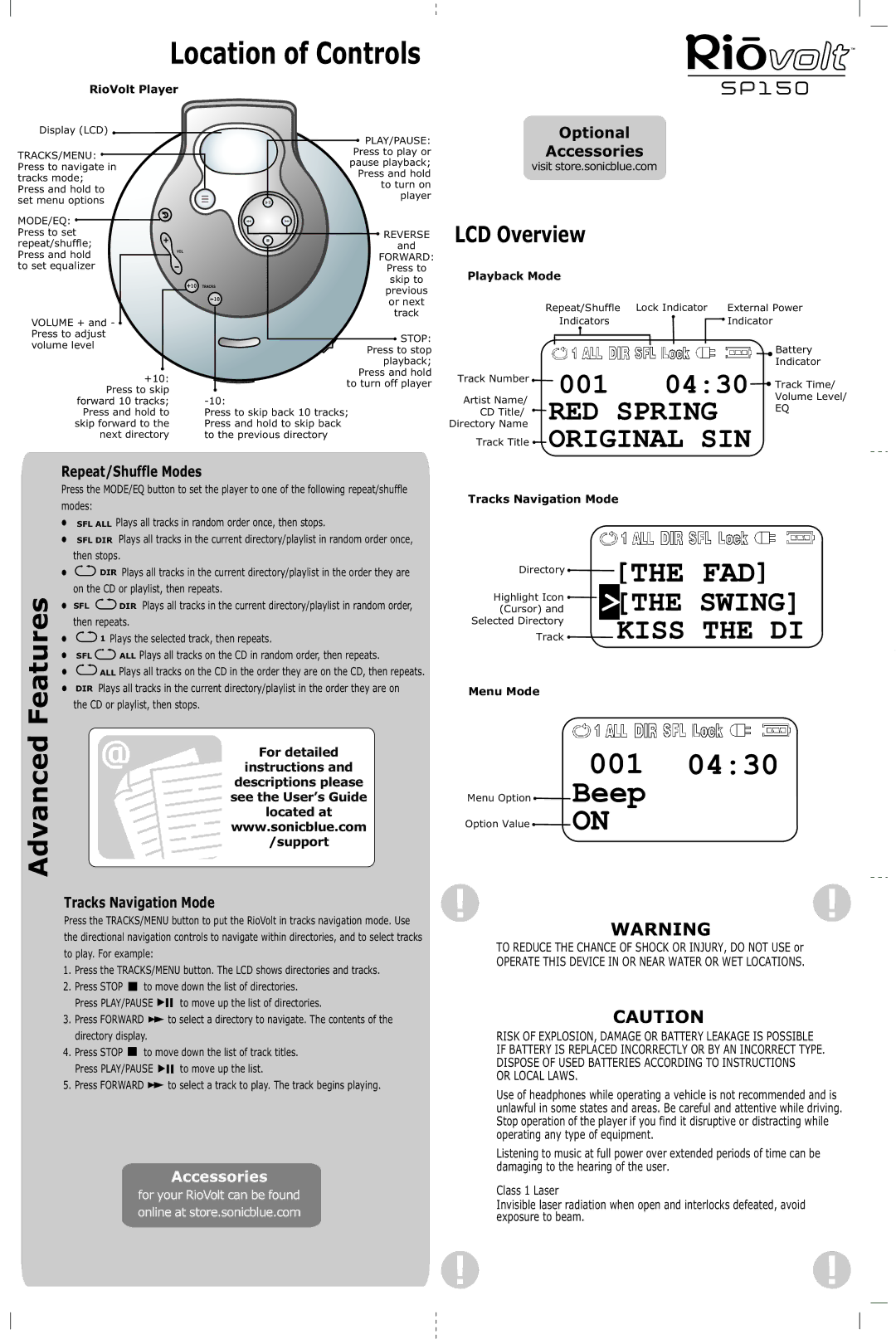 Rio Audio SP150 manual Optional Accessories, Repeat/Shuffle Modes, Tracks Navigation Mode, Or Local Laws 