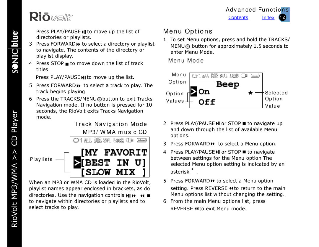 Rio Audio SP350 warranty Menu Options, Track Navigation Mode MP3/WMA music CD, Playlists, Menu Option Selected Values 