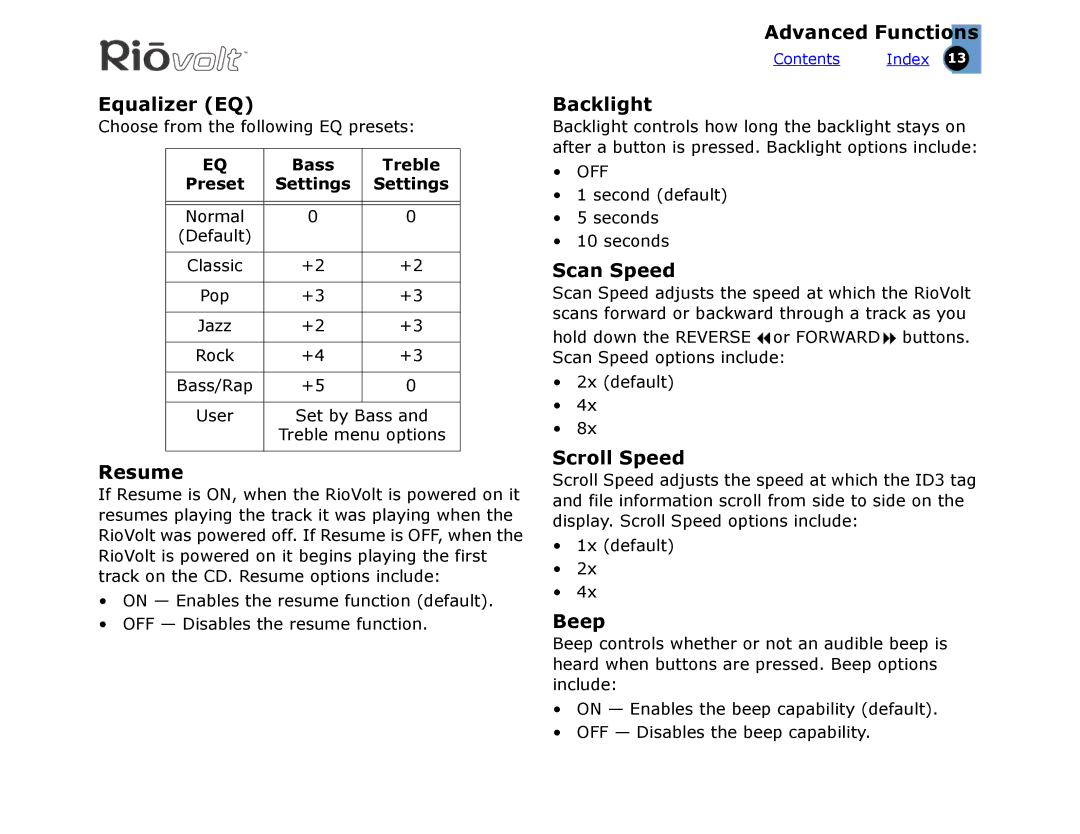 Rio Audio SP350 warranty Equalizer EQ, Resume, Backlight, Scan Speed, Scroll Speed, Beep 