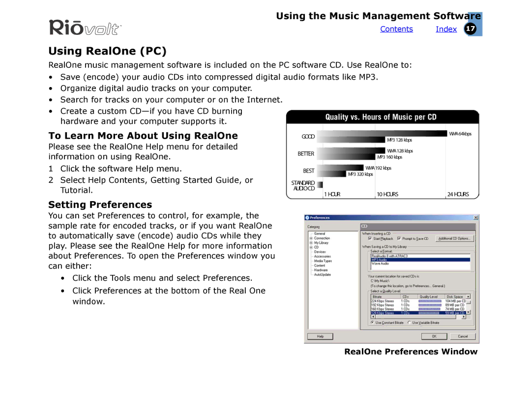 Rio Audio SP350 Using RealOne PC, To Learn More About Using RealOne, Setting Preferences, RealOne Preferences Window 