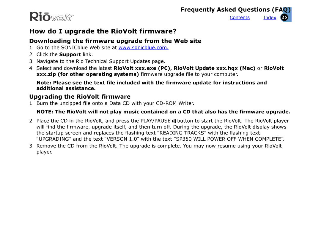 Rio Audio SP350 warranty How do I upgrade the RioVolt firmware?, Downloading the firmware upgrade from the Web site 