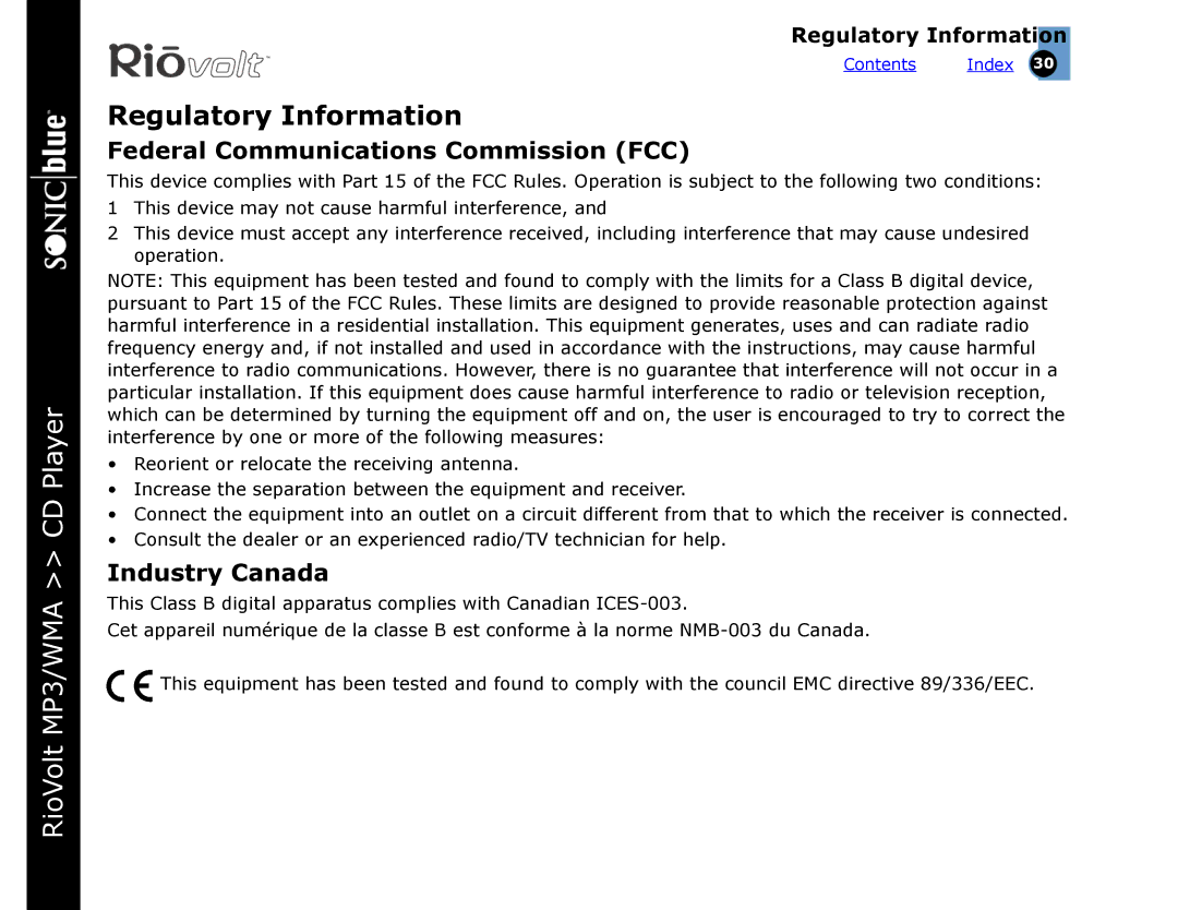 Rio Audio SP350 warranty Regulatory Information, Federal Communications Commission FCC, Industry Canada 