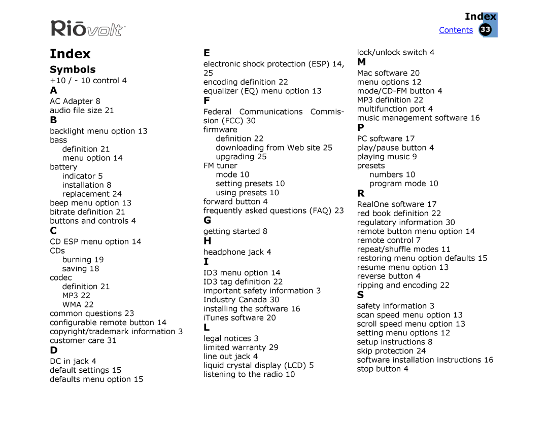 Rio Audio SP350 warranty Index, Symbols 