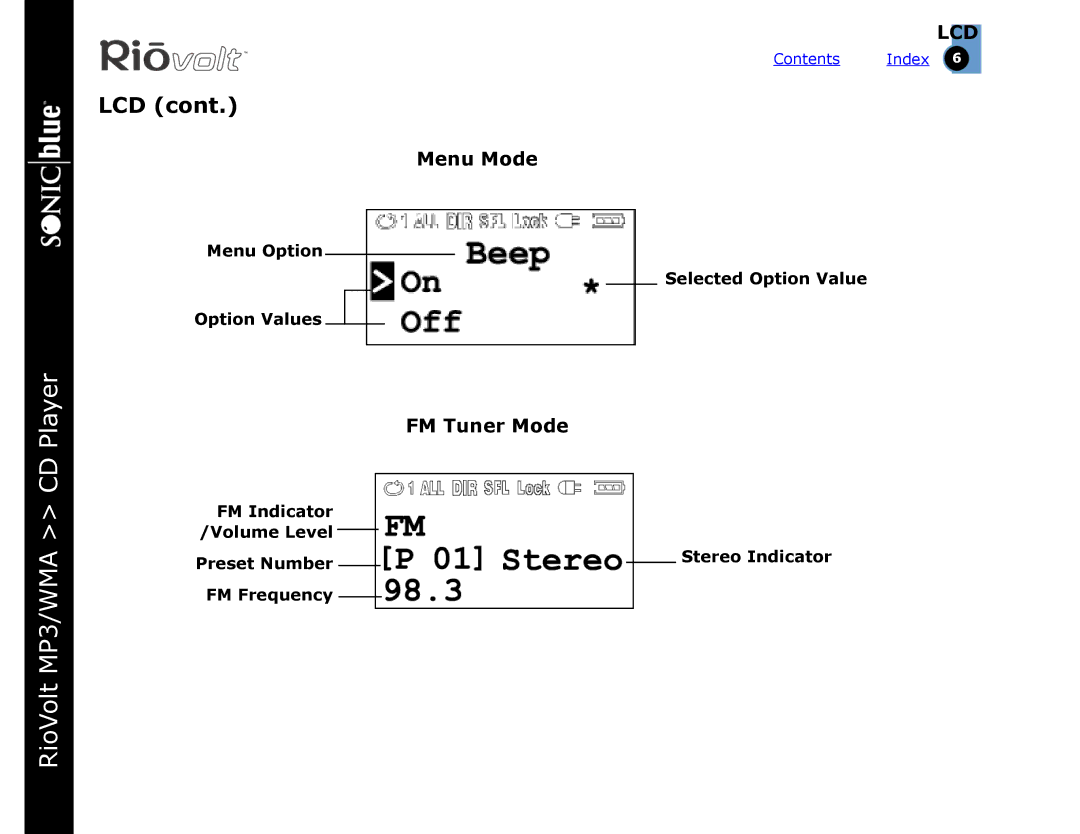 Rio Audio SP350 warranty Lcd, Menu Mode, FM Tuner Mode 