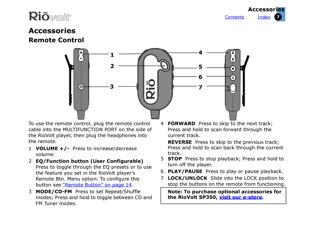 Rio Audio SP350 warranty Accessories, Remote Control 