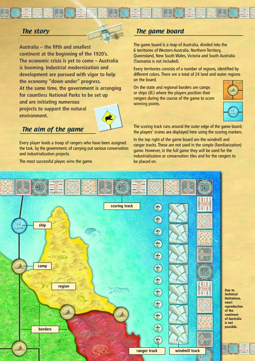 Rio Grande Games 27 Story Game board, Aim of the game, Ship Camp Region Borders Scoring track, Ranger track Windmill track 