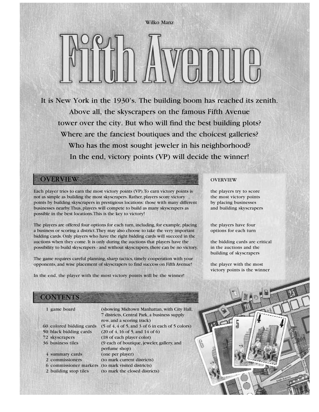Rio Grande Games 5th Avenue manual Above all, the skyscrapers on the famous Fifth Avenue, Overview, Contents, Wilko Manz 