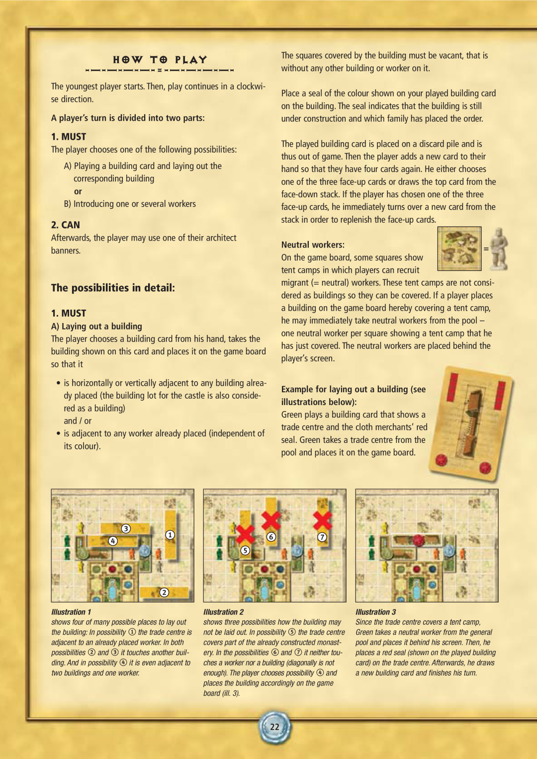 Rio Grande Games 6 manual How To Play =, The possibilities in detail, Must, Can, A player’s turn is divided into two parts 