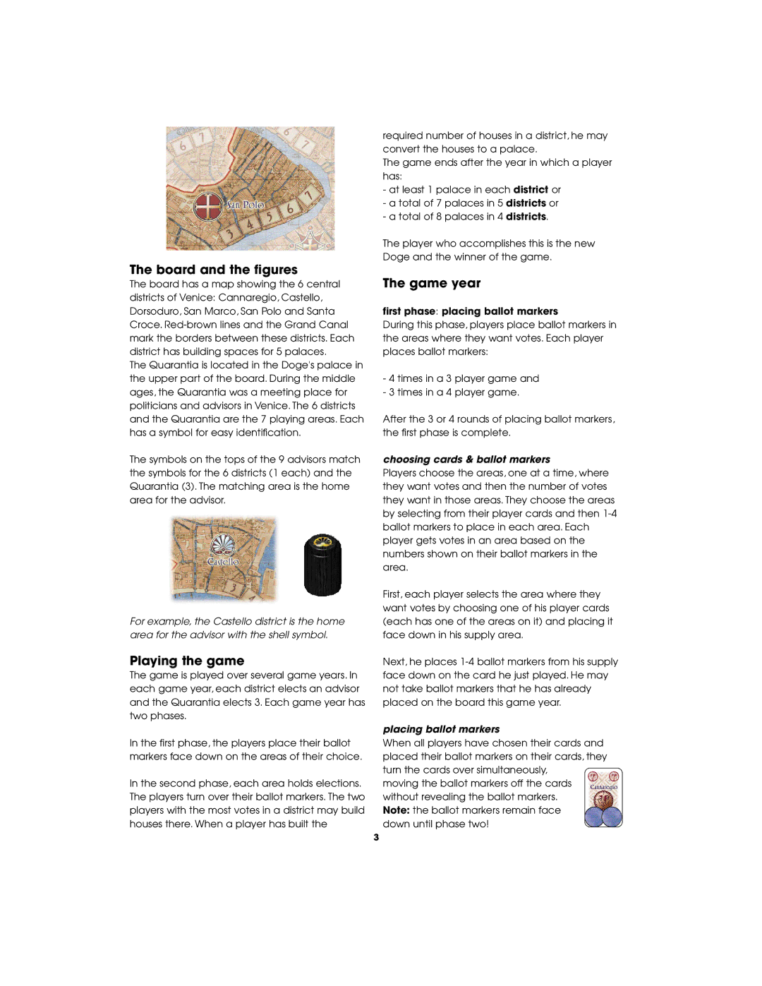 Rio Grande Games 75 manual Board and the figures, Playing the game, Game year, Choosing cards & ballot markers 